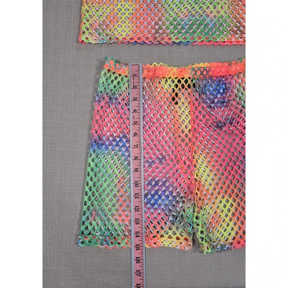 American Leisure Rainbow Tie Dye Fishnet Crop Top and Shorts Set XXL New